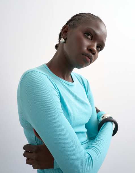 Topshop premium rib long sleeve top in light green - view 1