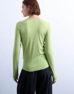 Model wearing Premium rib long sleeve top in light green