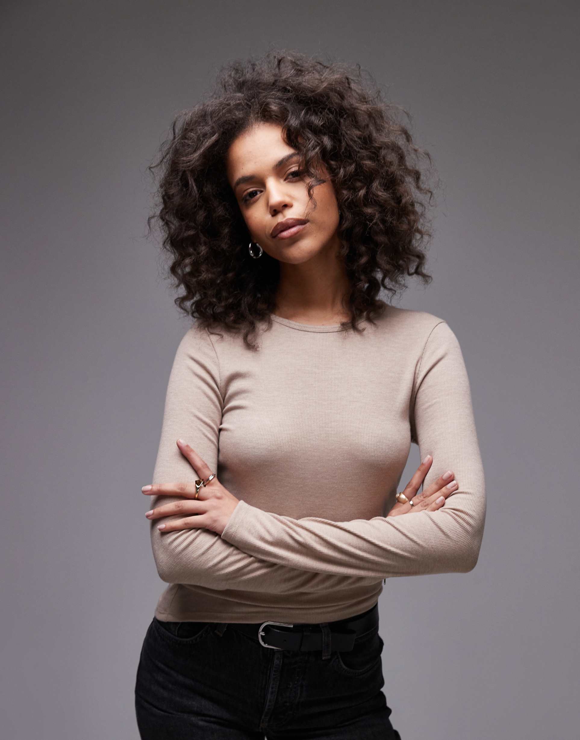 topshop premium rib long sleeve top in oat heather