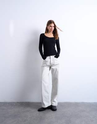 Topshop Premium Rib Long Sleeve Wide Scoop Neck Top In Black