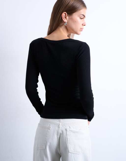 Topshop premium rib long sleeve wide scoop neck top in black, 3 of 4