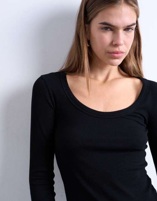 Topshop premium rib long sleeve wide scoop neck top in black, 4 of 4