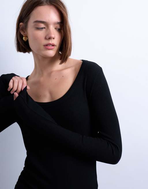 Topshop premium rib long sleeve wide scoop neck top in black, 3 of 4