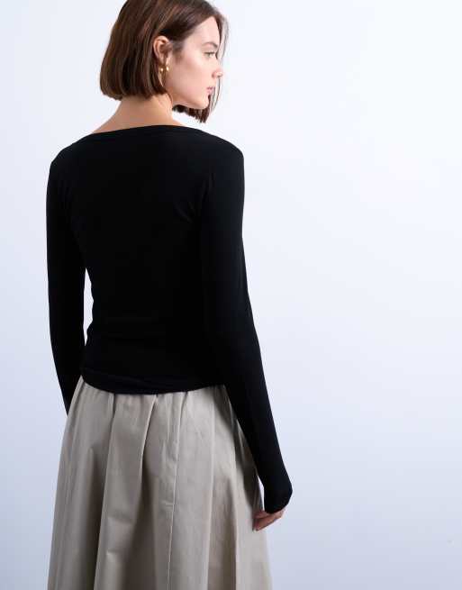 Topshop premium rib long sleeve wide scoop neck top in black, 4 of 4