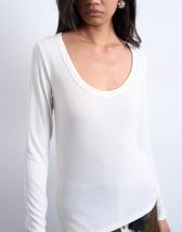 Topshop premium rib long sleeve wide scoop neck top in ecru