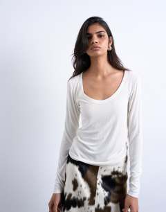 Model wearing Premium rib long sleeve wide scoop neck top in ecru