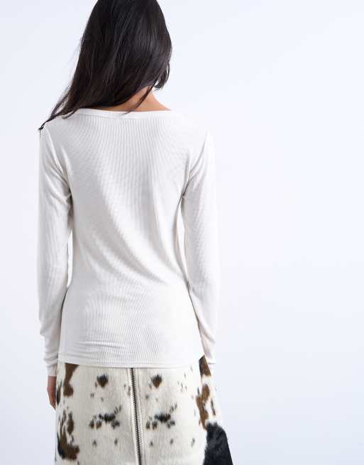 Topshop premium rib long sleeve wide scoop neck top in ecru, 4 of 4
