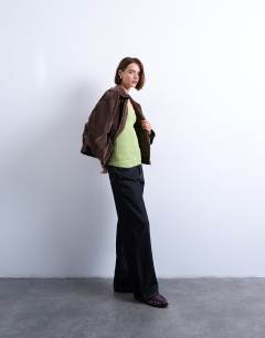 Model wearing Premium rib long sleeve wide scoop neck top in green