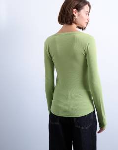 Model wearing Premium rib long sleeve wide scoop neck top in green