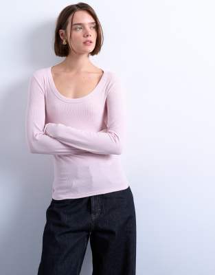 Topshop Women's Pink Premium Rib Long Sleeve Wide Scoop Neck Top In Light