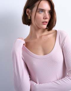 Model wearing Premium rib long sleeve wide scoop neck top in light pink
