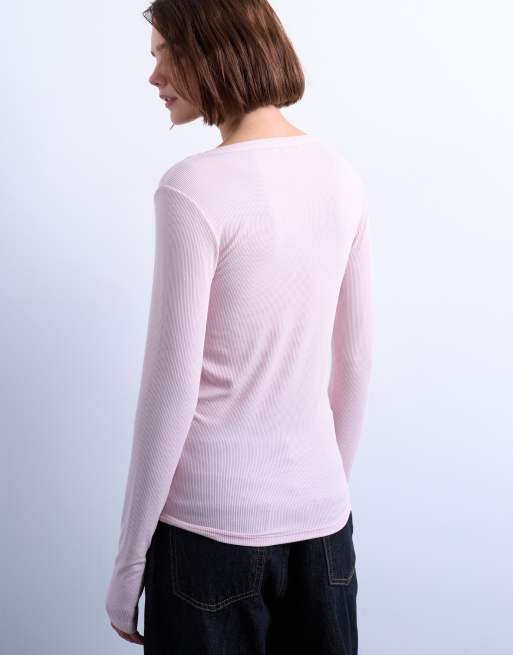 Topshop premium rib long sleeve wide scoop neck top in light pink, 4 of 4