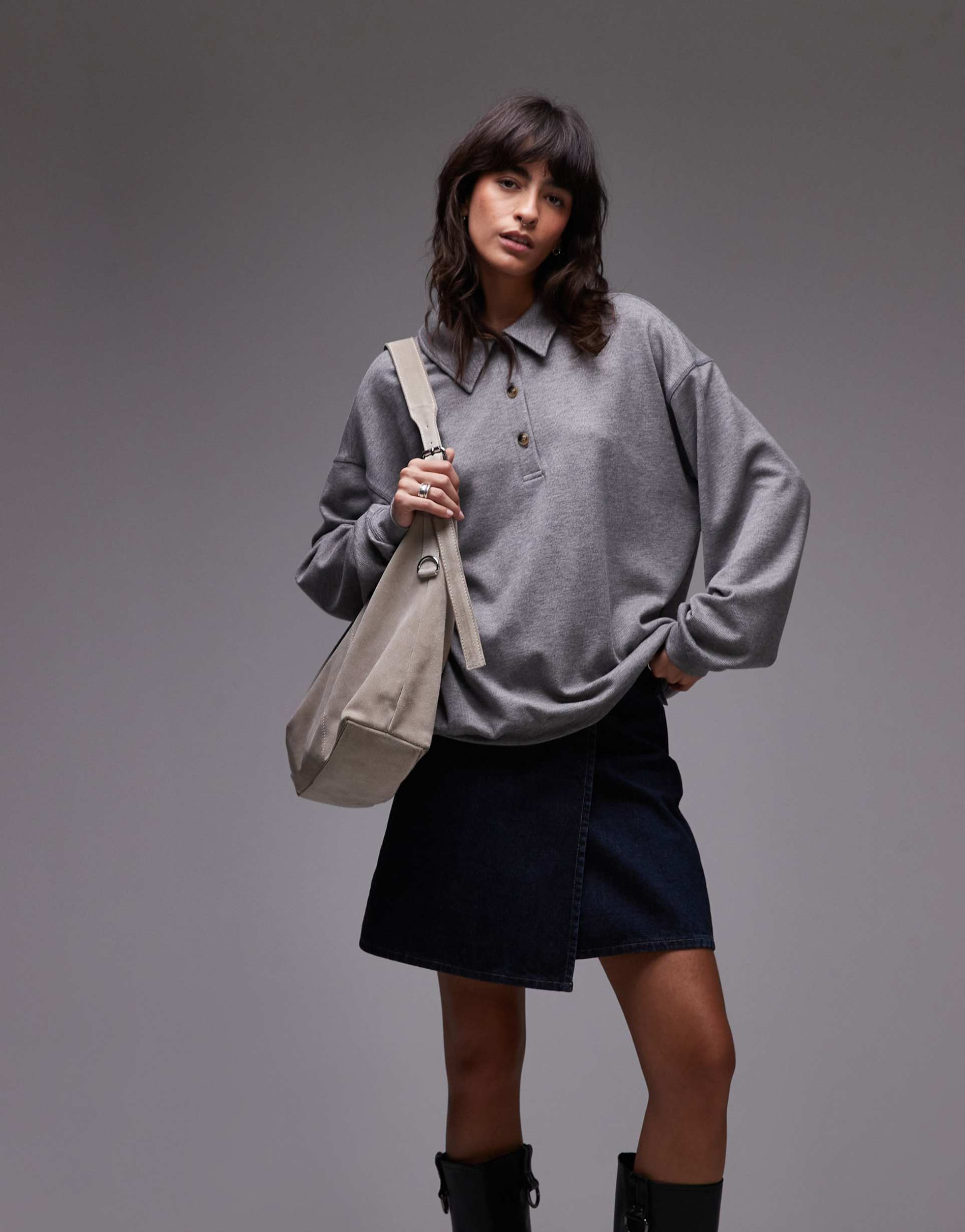 topshop premium rib polo top in gray