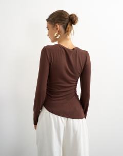 Model wearing Premium rib ruched asymmetric hem long sleeve top in chocolate