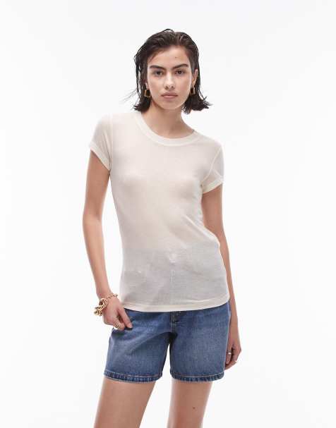 Topshop premium rib sheer longline tee in off white - view 1