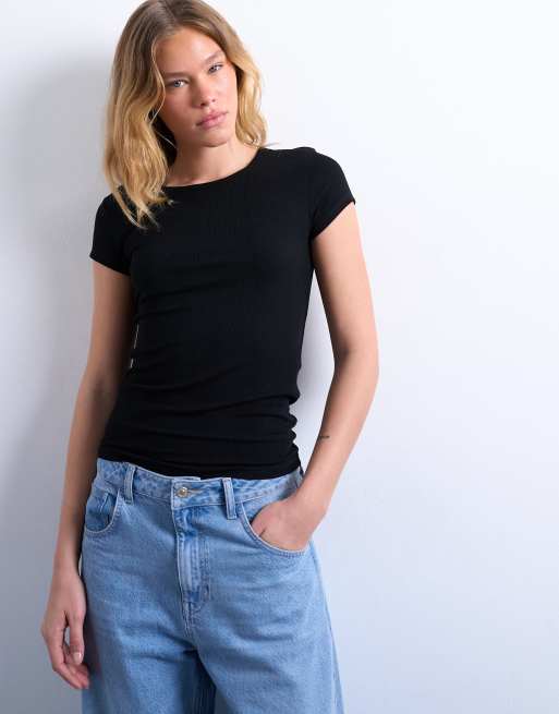 Topshop premium rib short sleeve tee in black, 2 of 4
