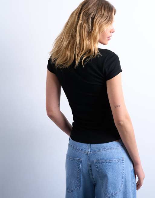 Topshop premium rib short sleeve tee in black, 4 of 4