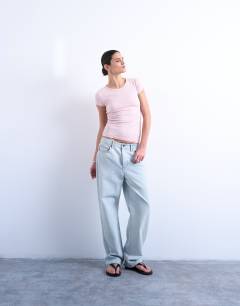 Model wearing Premium rib short sleeve tee in pink