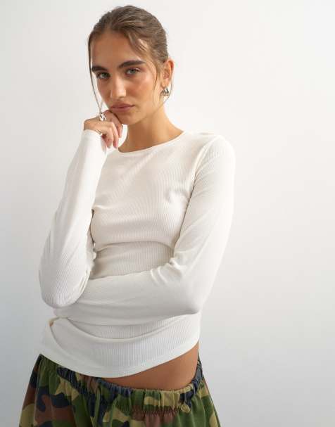 Topshop premium rib top med rynkedetalje, asymmetrisk kant og lange ærmer i hvid - view 1