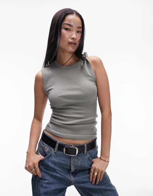 Topshop premium ribbed basic twist tank top in sea green