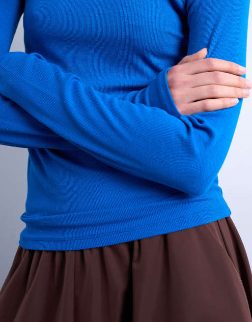 Topshop premium ribbed long sleeve top in blue, 3 of 4
