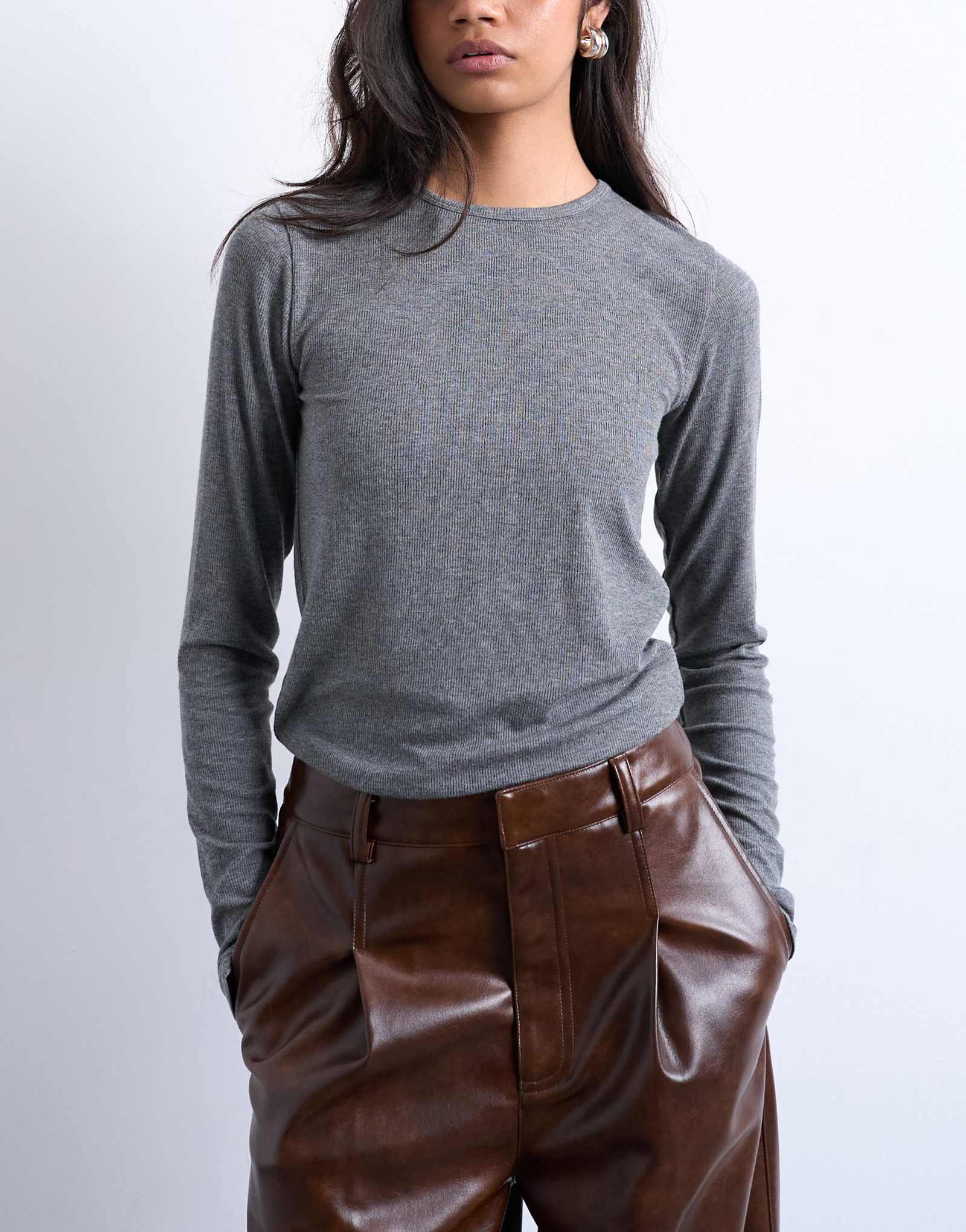 Топ с длинным рукавом в рубчик премиум-класса от Topshop из серого вереска