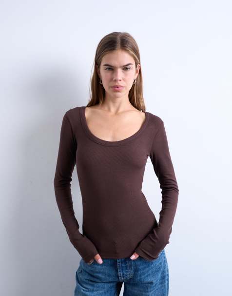 Topshop premium ribbed long sleeve wide scoop neck top in chocolate brown - view 1