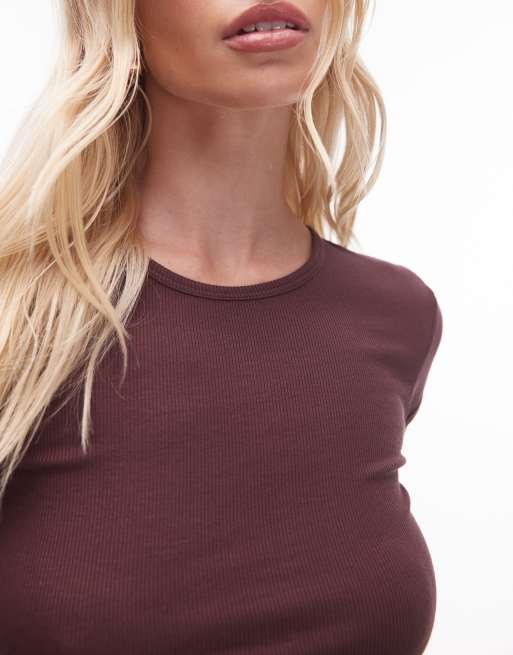 Topshop premium ribbed short sleeve tee in chocolate, 3 of 4