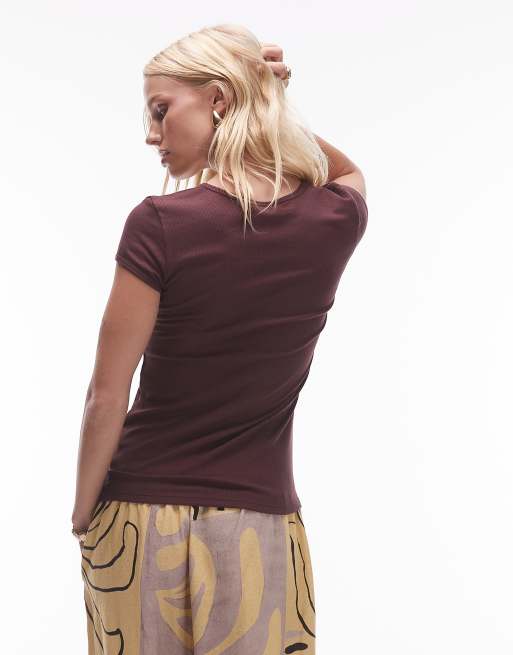 Topshop premium ribbed short sleeve tee in chocolate, 4 of 4