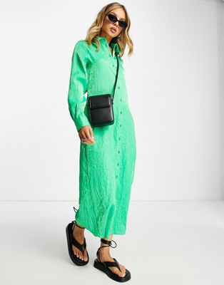 Topshop premium textured midi shirt dress in green - ASOS Price Checker