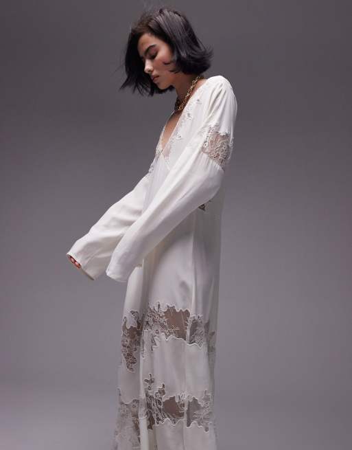 Topshop Premium - Robe longue à col V avec empiècement en dentelle - Ivoire, 2 de 4