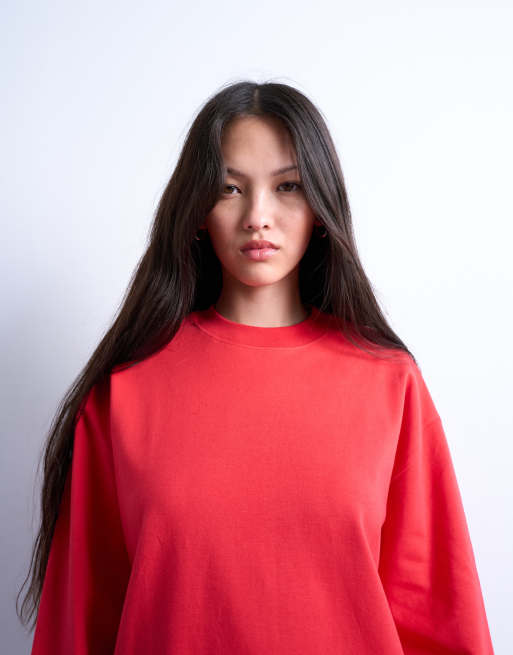 Topshop – Premium – Röd, enkel t-shirt i skaterstil med långa ärmar