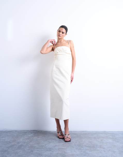 Topshop premium ruched bust midi dress in cream - view 1