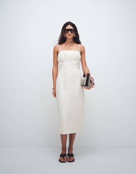 Topshop premium ruched bust midi dress in cream