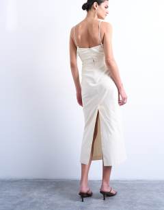 Model wearing Premium ruched bust midi dress in cream