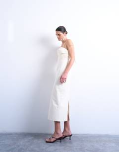 Model wearing Premium ruched bust midi dress in cream