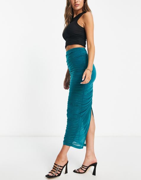 Topshop premium ruched mesh midi skirt in teal - view 1