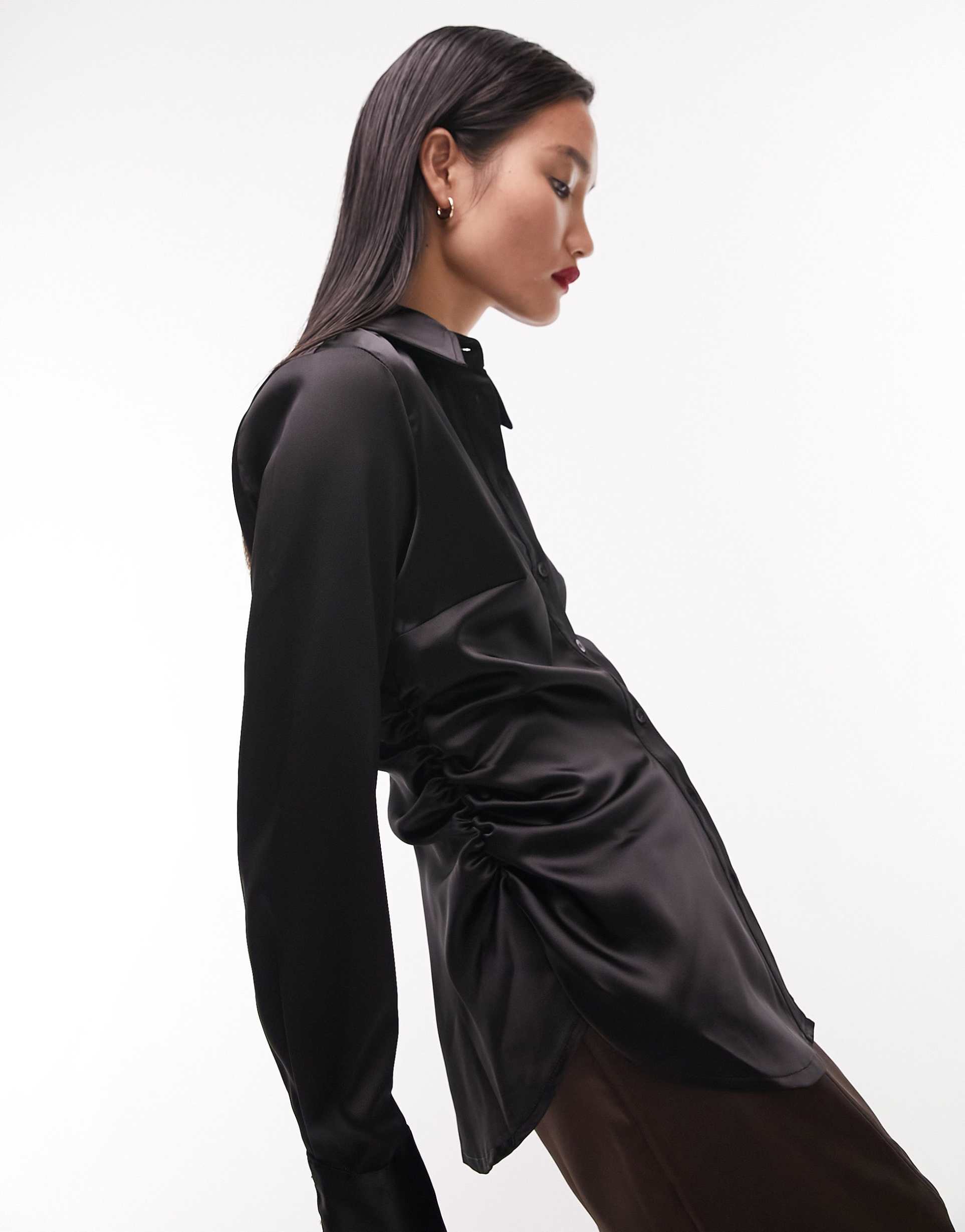 topshop premium ruched side slim satin shirt in black