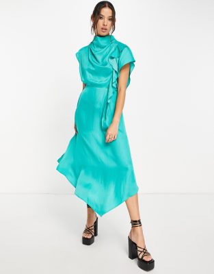 Premium Ruffle Cowl Back Occasion Midi Dress In Tealgreen