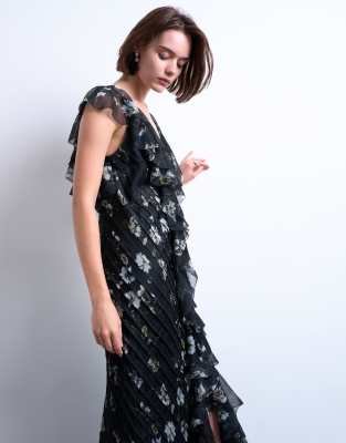 Topshop Premium Ruffle Pintuck Gown In Black