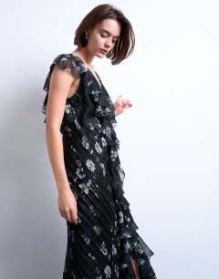 Model wearing Premium ruffle pintuck gown in falling lilac flowers