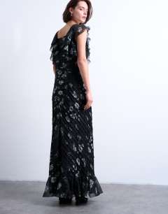 Model wearing Premium ruffle pintuck gown in falling lilac flowers