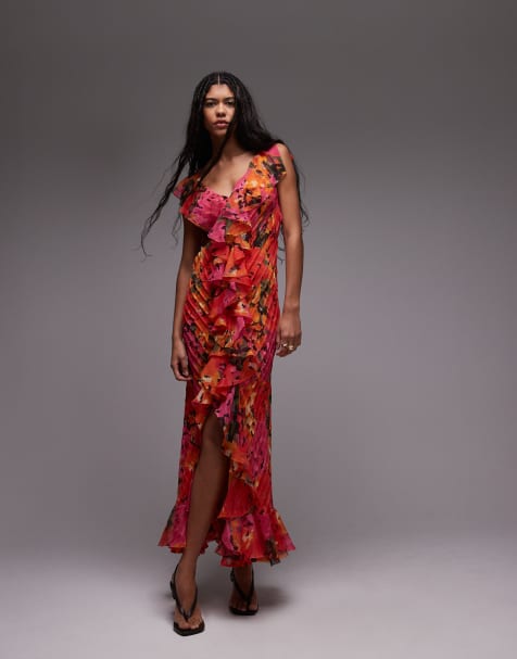 Topshop premium ruffle pintuck gown in red and orange floral - view 1