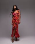 [Topshop] Topshop premium ruffle pintuck gown in red and orange floral-Multi 18 MULTI