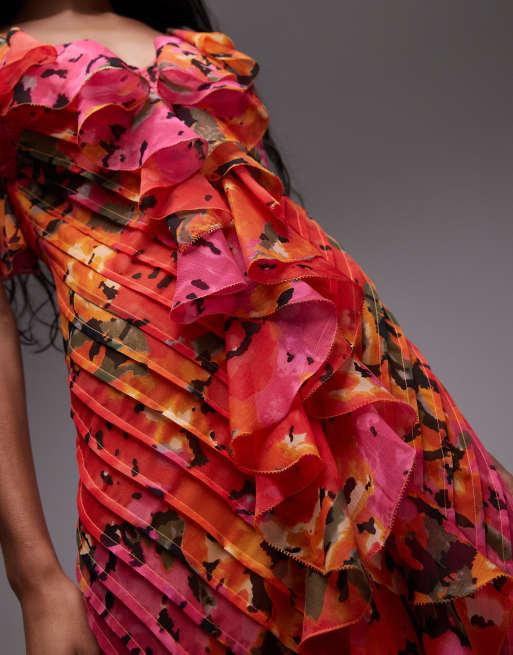 Topshop premium ruffle pintuck gown in red and orange floral