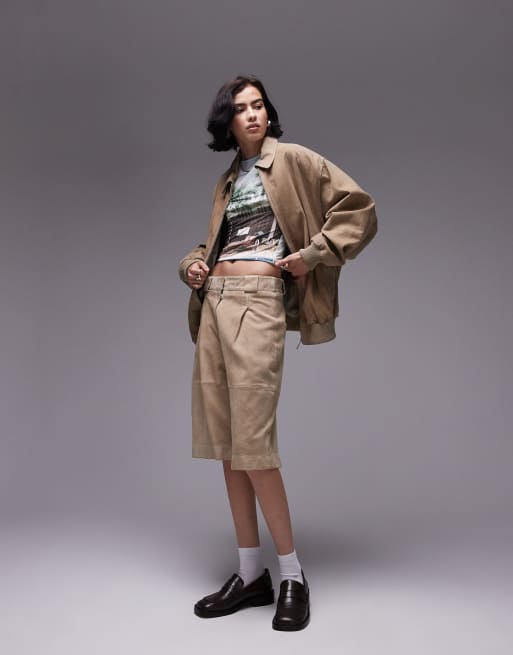 Topshop – Premium – Sandfärgat set i äkta läder och mjuk mocka med bomberjacka i oversize och shorts