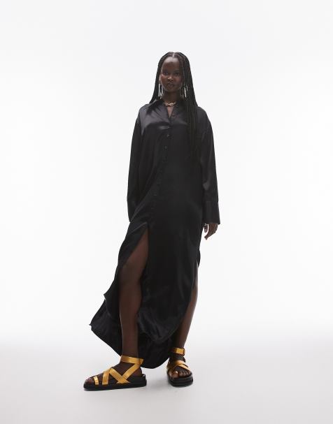 Topshop - Premium satijnen maxi-overhemdjurk met getrapte zoom in zwart - view 1