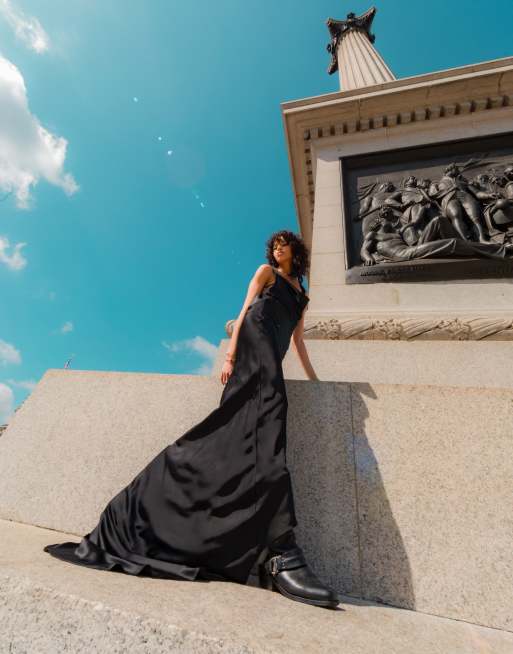 Black evening gown with cheap train