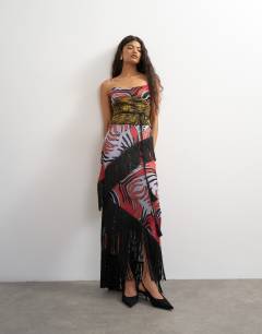 Premium satin burnout devore corset maxi dress with fringing detail in multi animal print