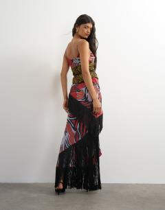 Model wearing Premium satin burnout devore corset maxi dress with fringing detail in multi animal print